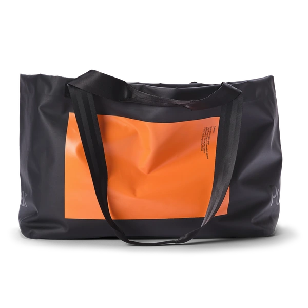 Black waterproof open tote bag with big orange rectangular deisgn with smal Polestar wordmark on the front
