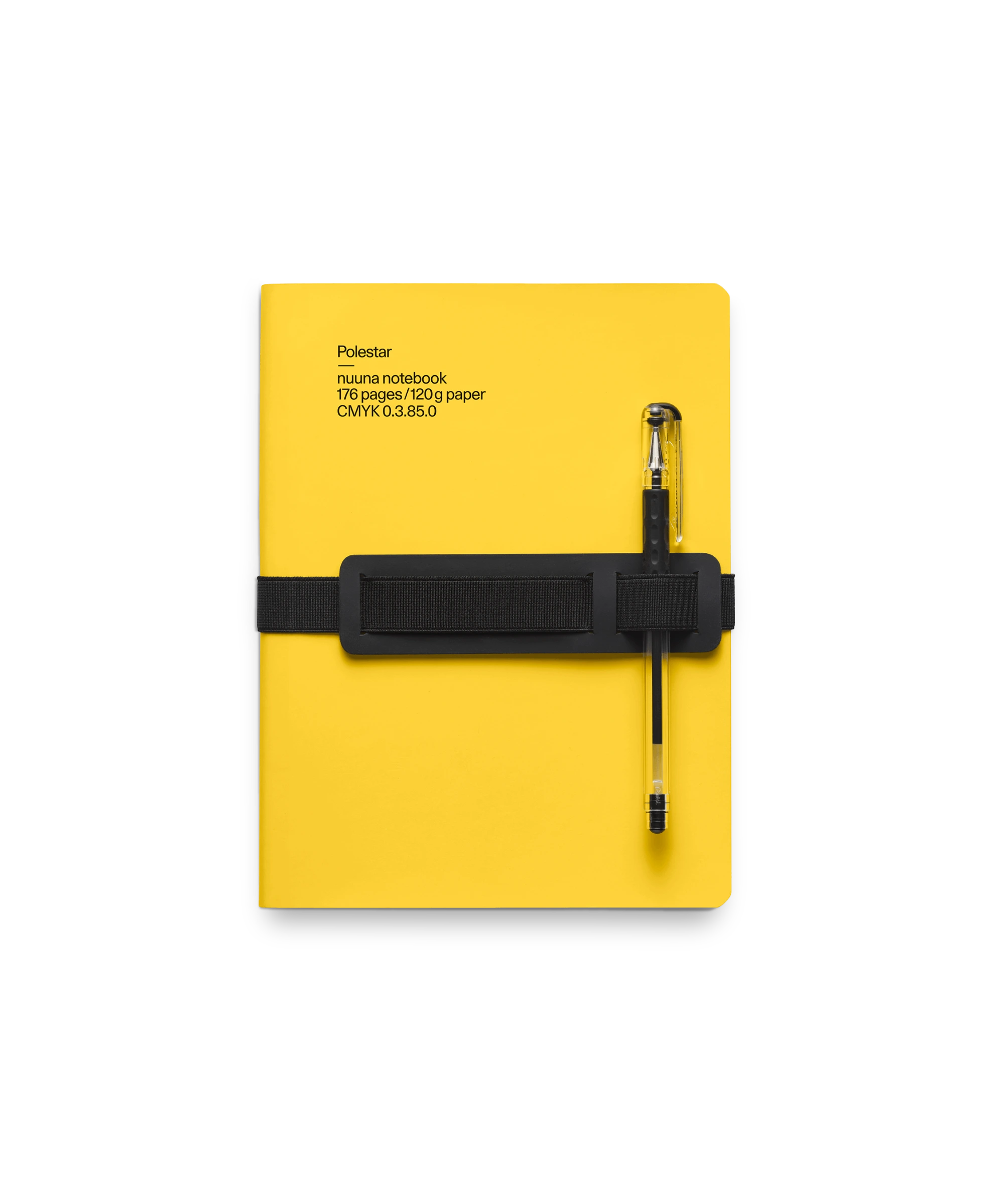 Yellow notbook in leather, elastic strap and integrated pen and phone holder, and a rounded spine.