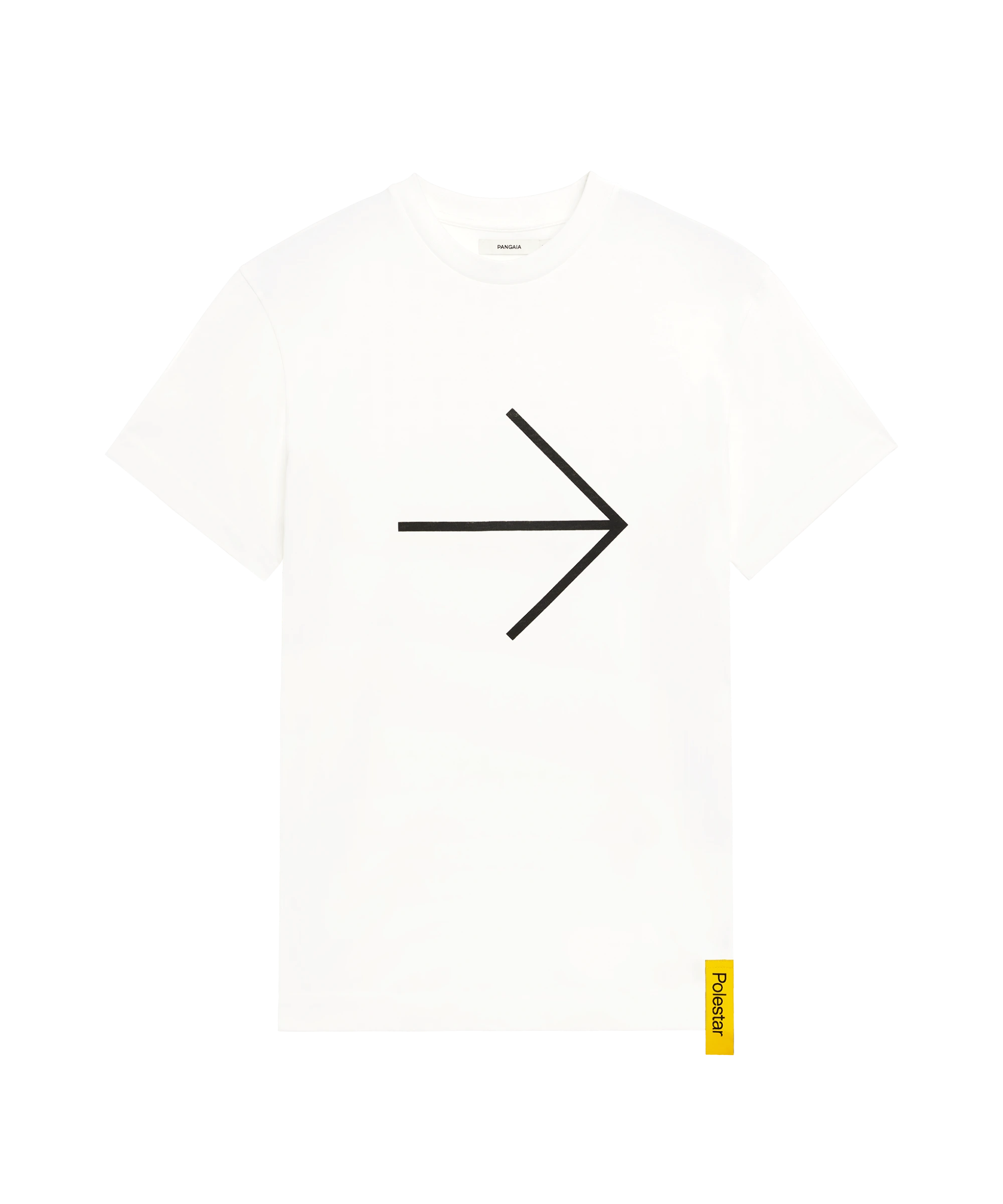 White t-shirt with a large black arrow on the front