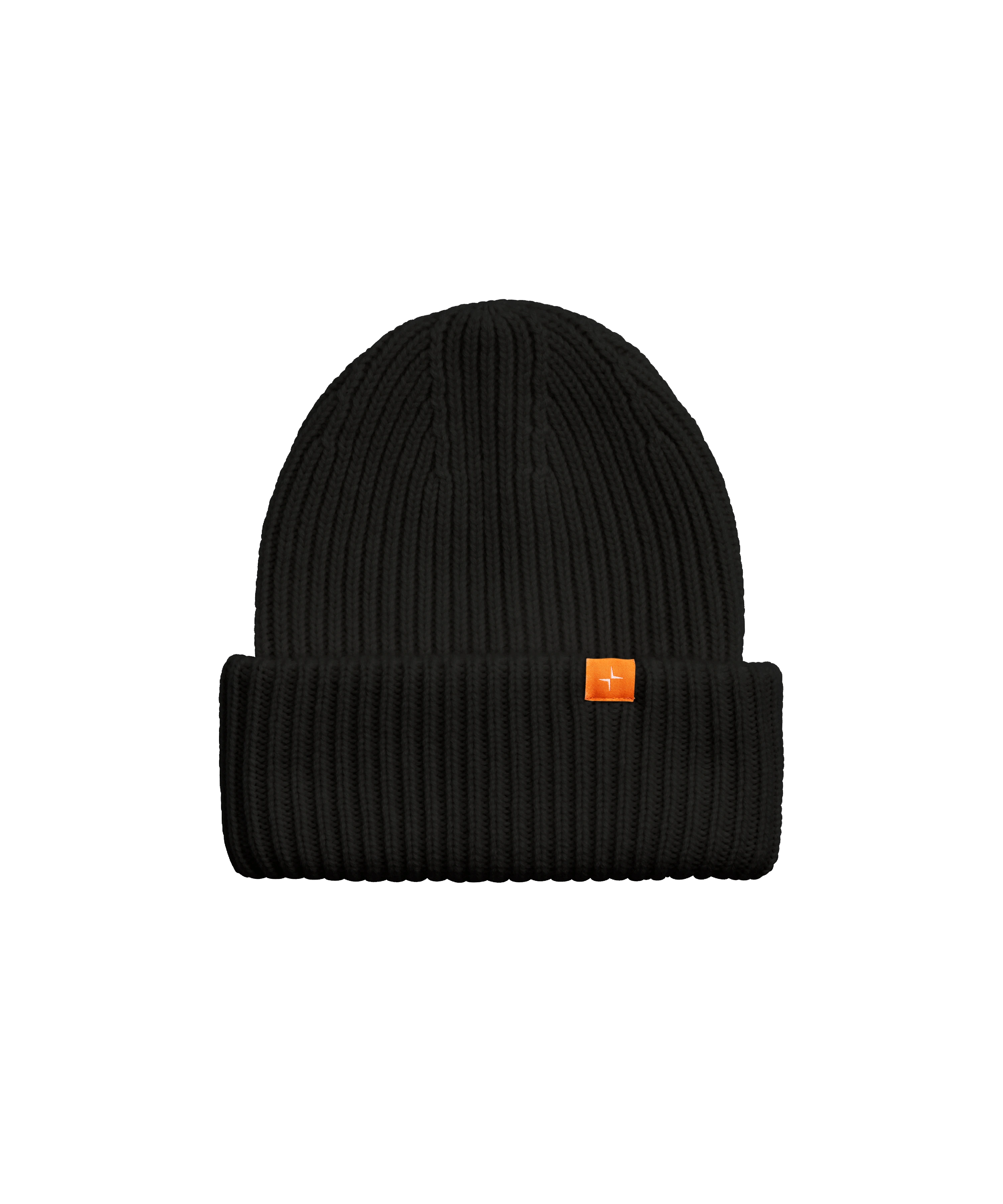 Black knitted cashmere beanie with a small orange Polestar detail