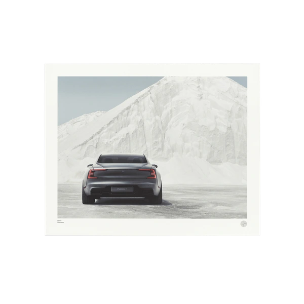 Art print of a Polestar vehicle captured from the rear in a snowy mountain landscape.