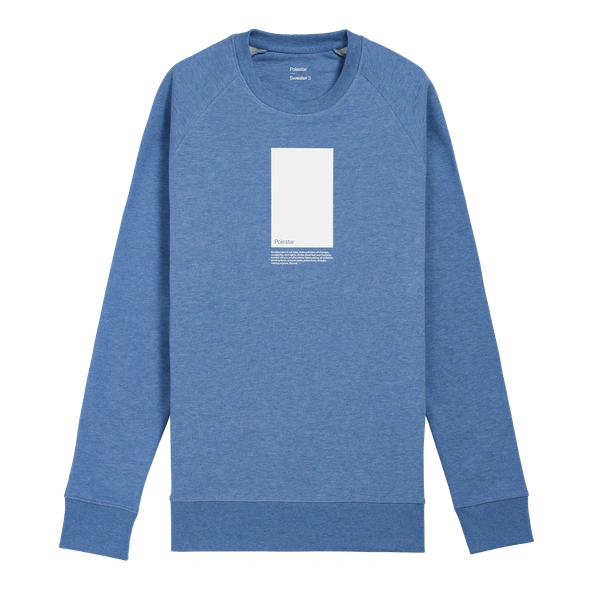 Blue swater with rectangular graphic with text acress the chest