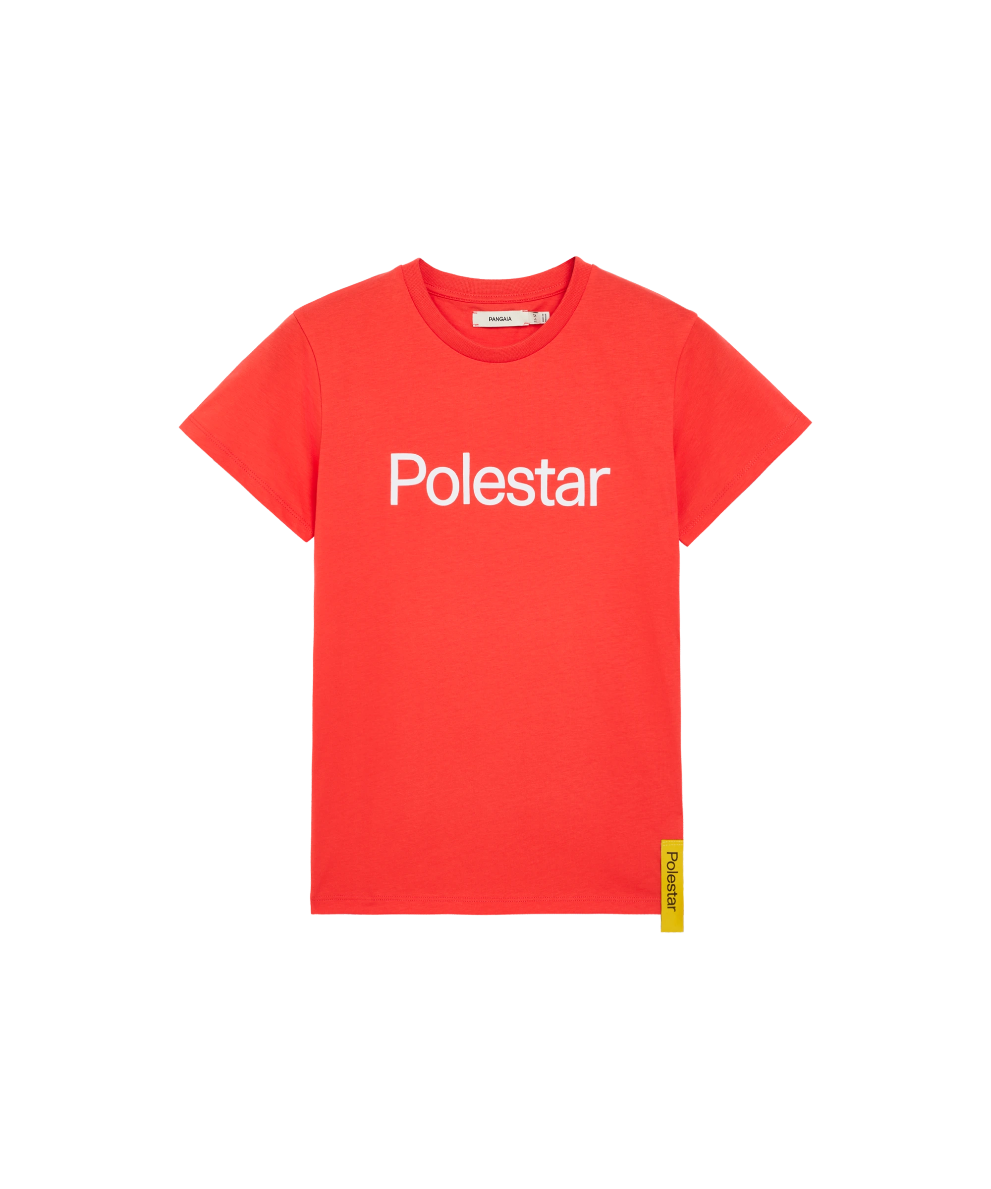 Red t-shirt for kids with white Polestar wordmark on the front and yellow side tag