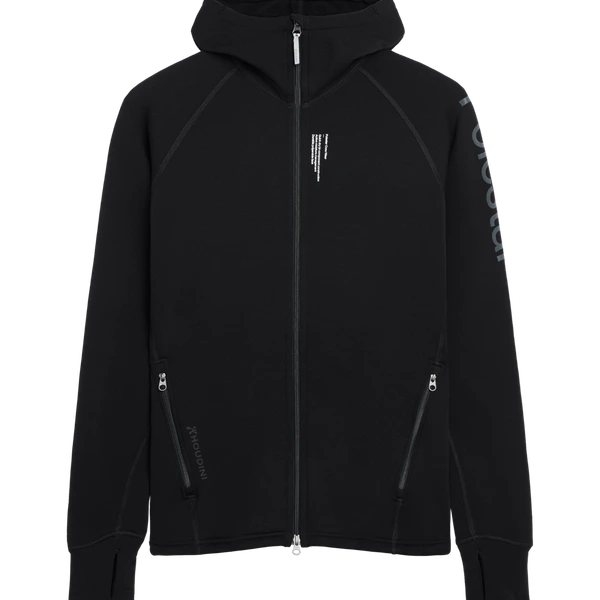 Zwarte hoodie met doorlopende ritssluiting, voorzien van Polestar-woordmerk op de linkermouw en Polestar-logo links op de achterkant