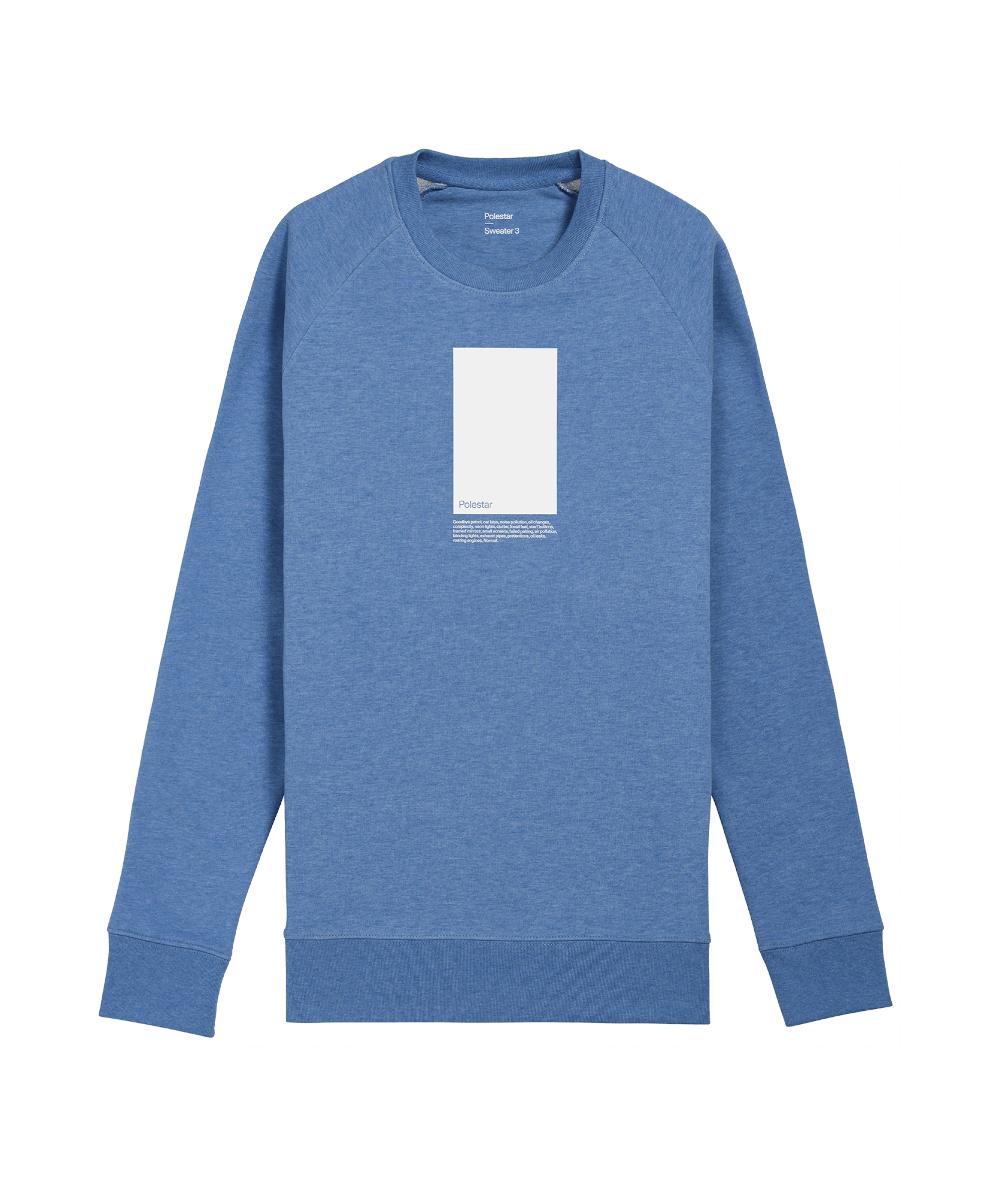 Blue swater with rectangular graphic with text acress the chest