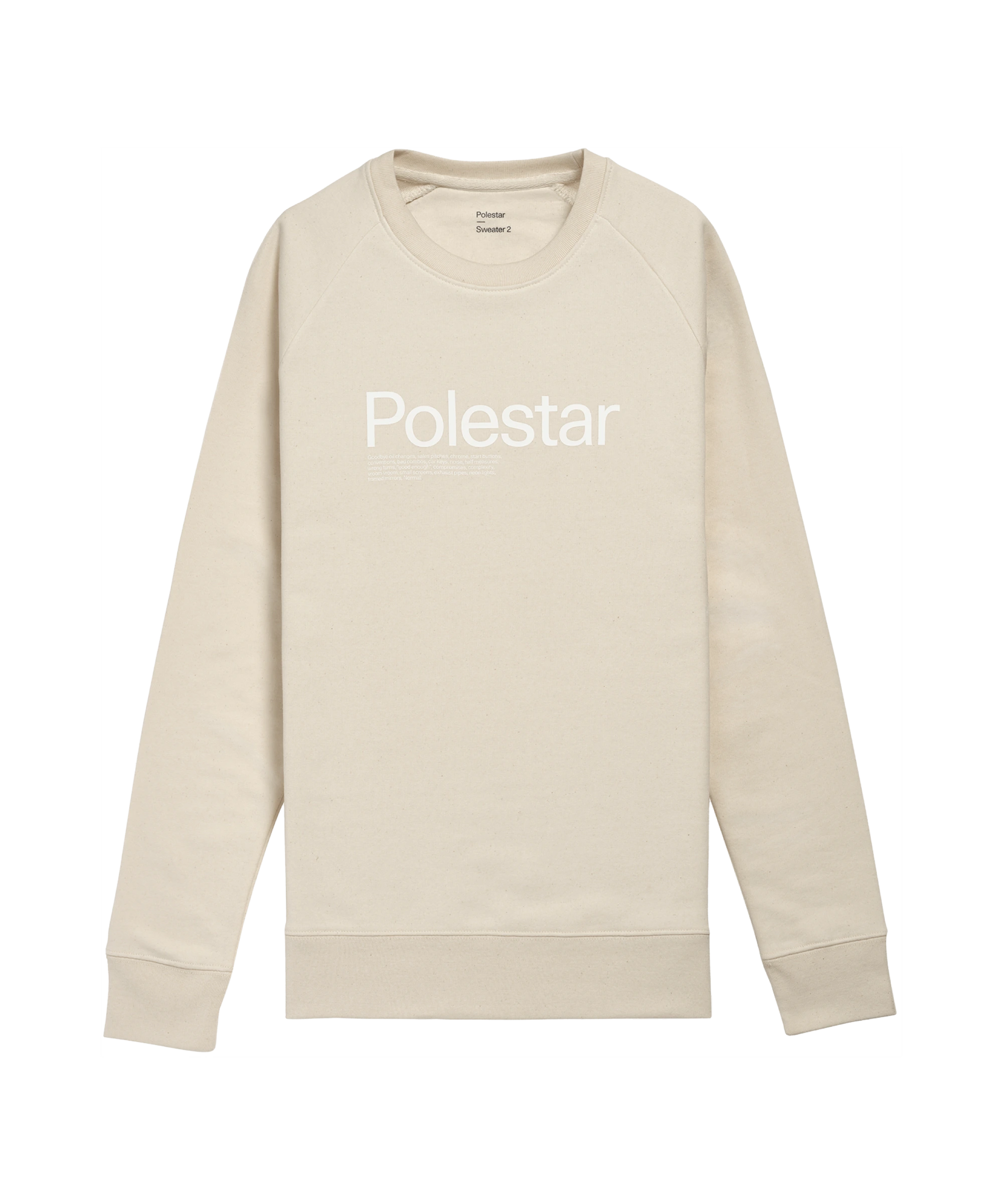 Beige sweater met groot wit Polestar-woordmerk op de borst
