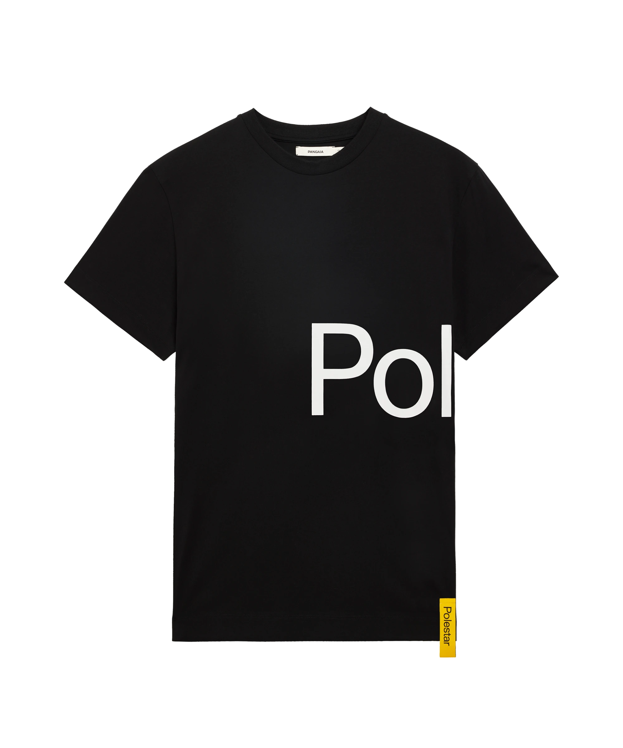 Black t-shirt with a Polestar wordmark stretching from the front to the back