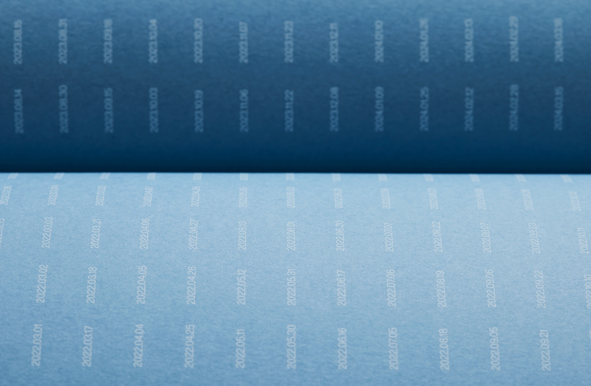 Hellblaues Buch mit dezent aufgeprägtem Text und Lesezeichen in Blau