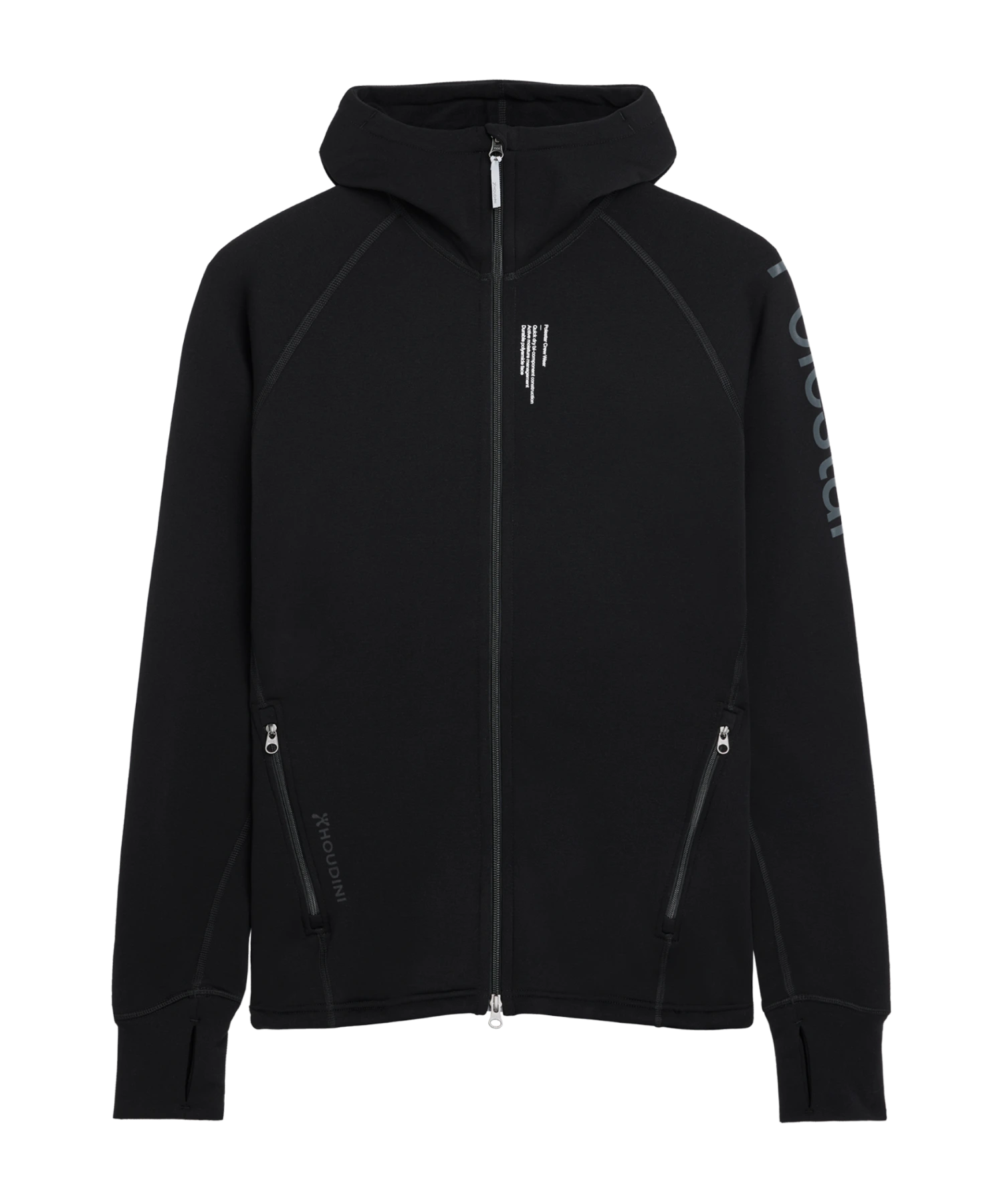 Zwarte hoodie met doorlopende ritssluiting, voorzien van Polestar-woordmerk op de linkermouw en Polestar-logo links op de achterkant