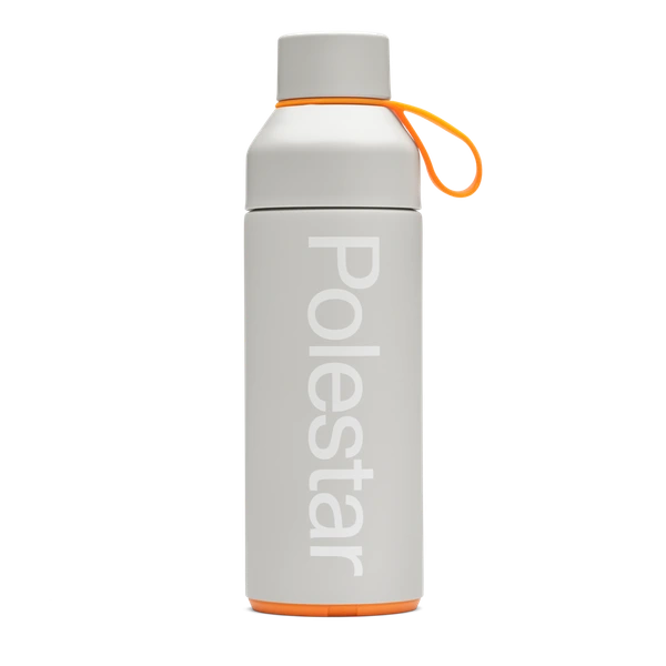 Grijze waterfles met wit Polestar-woordmerk en oranje details