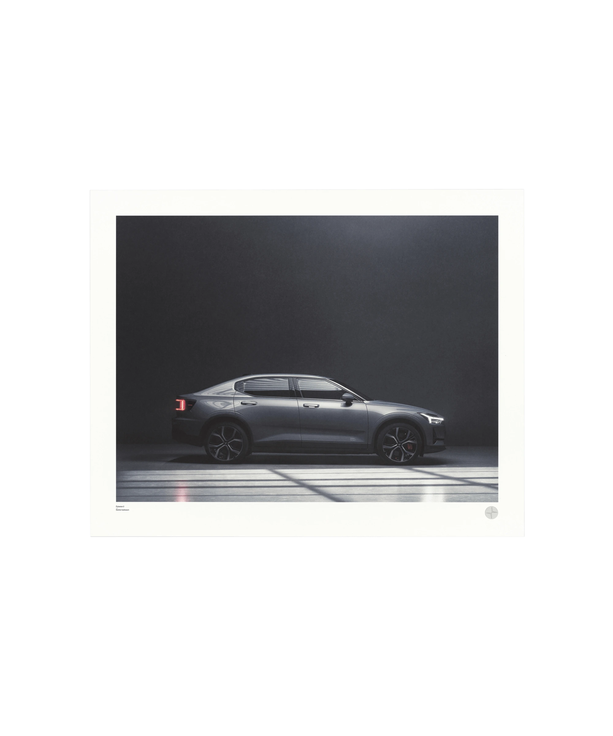 Art print of a Polestar car in a sleek, minimalist setting with dramatic lighting.