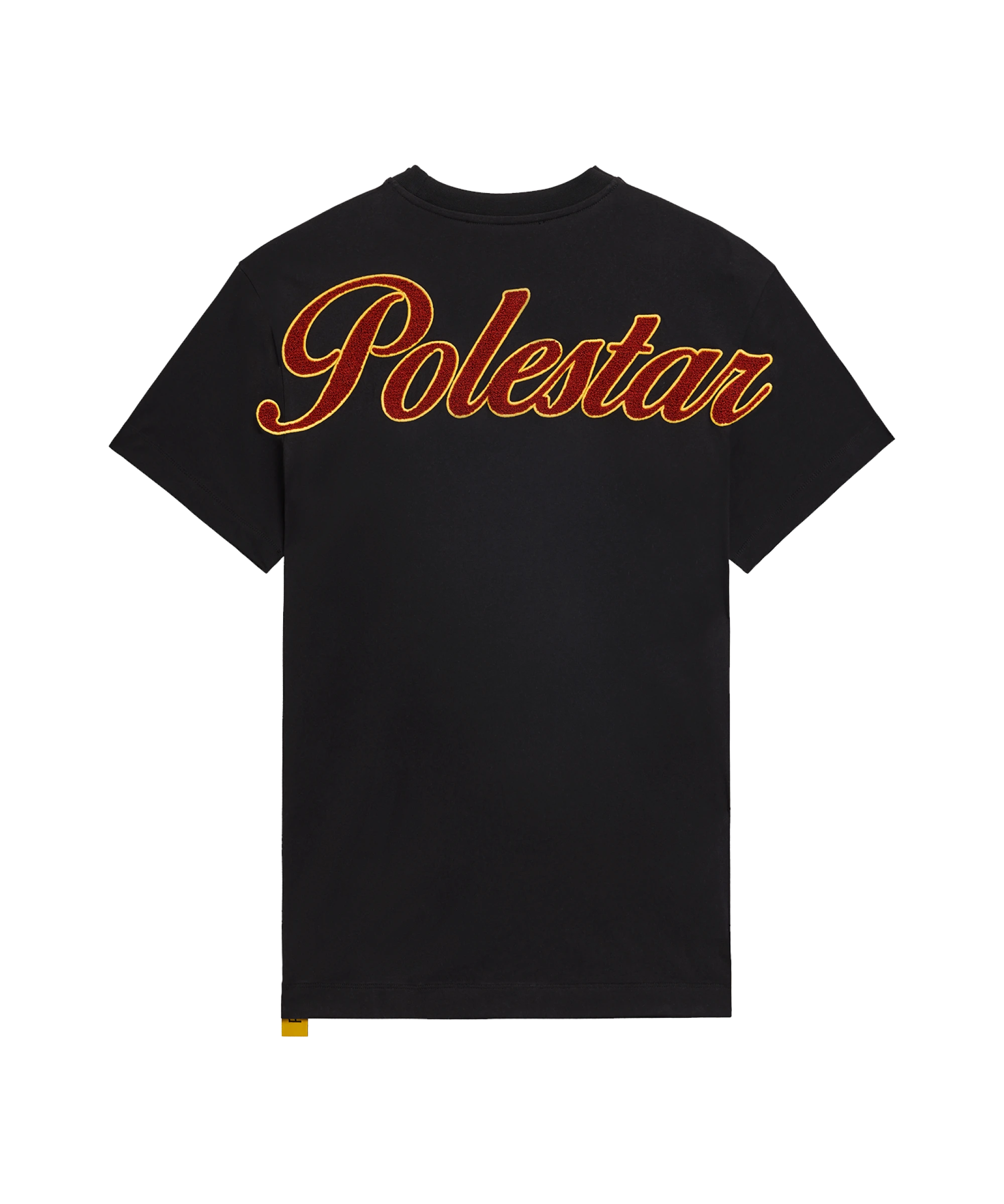 Zwart T-shirt met vetgedrukt teddy Polestar-woordmerk in rood en geel op de bovenrug