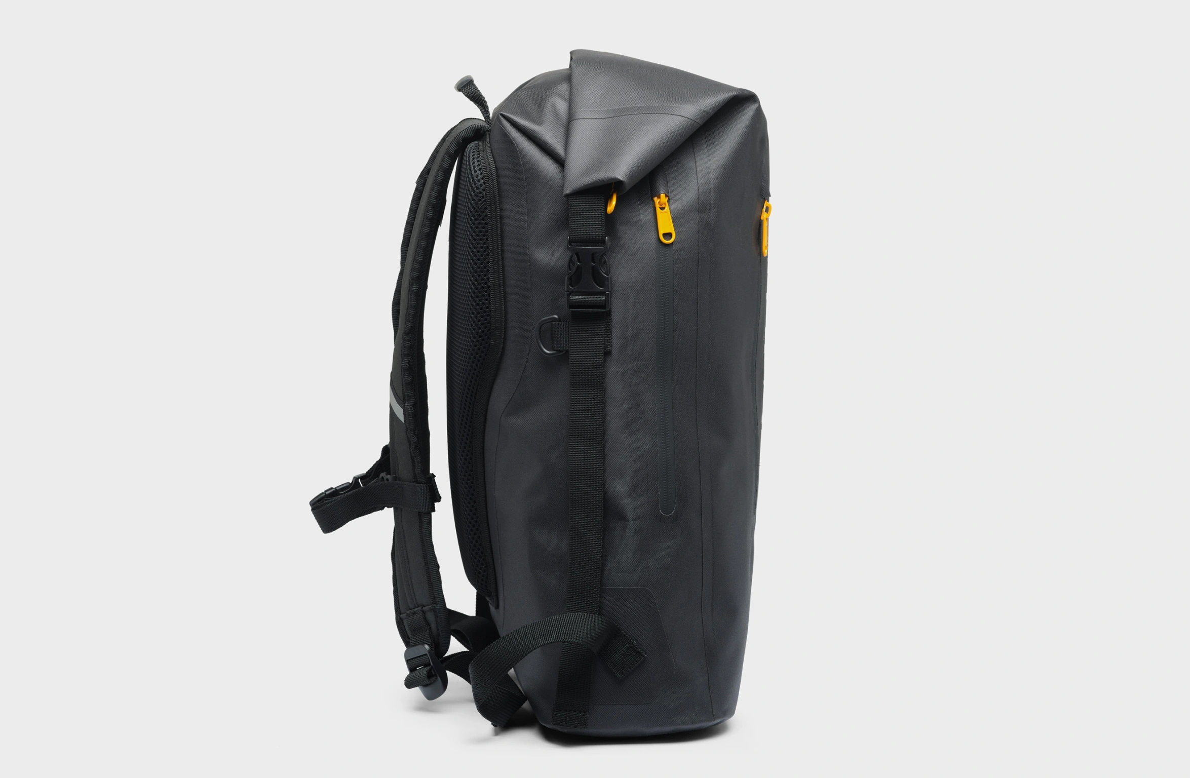 Black waterproff roll-top backpack with yellow zipper details and tone-on-tone Polestar wordmark on the front.